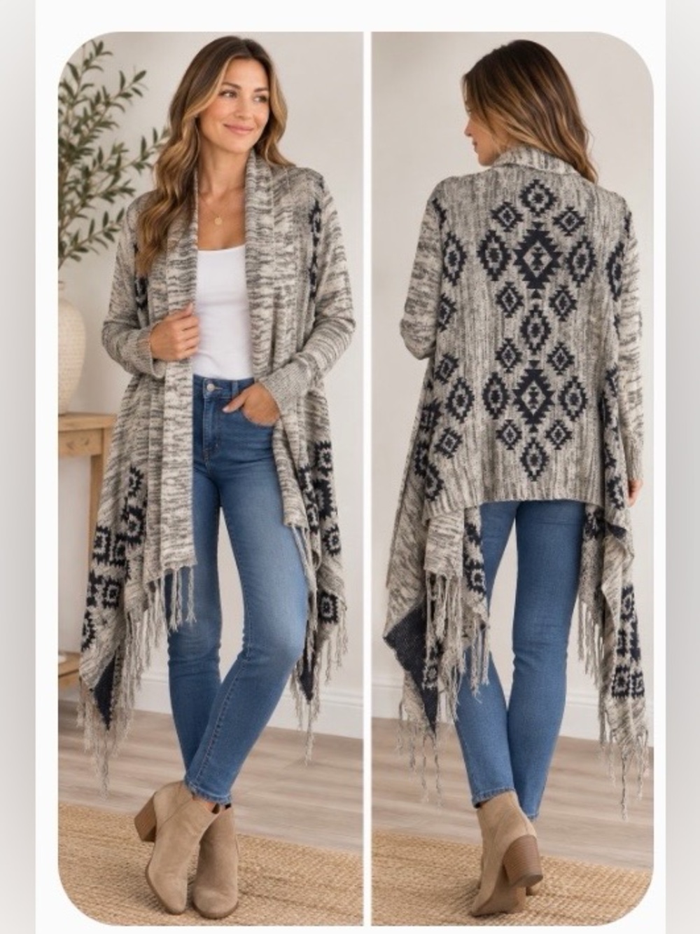Vanilla Bay Gray & Black Aztec Fringe Open-Front Cardigan